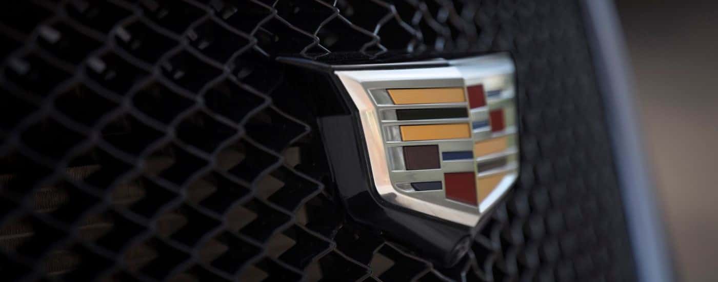 A close up shows the grille badge on a grey 2020 Cadillac XT5 Sport.