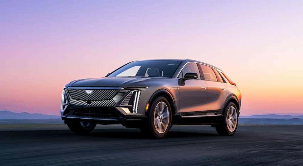 A grey 2023 Cadillac Lyriq is shown parked after leaving a North Dakota Cadillac dealer.