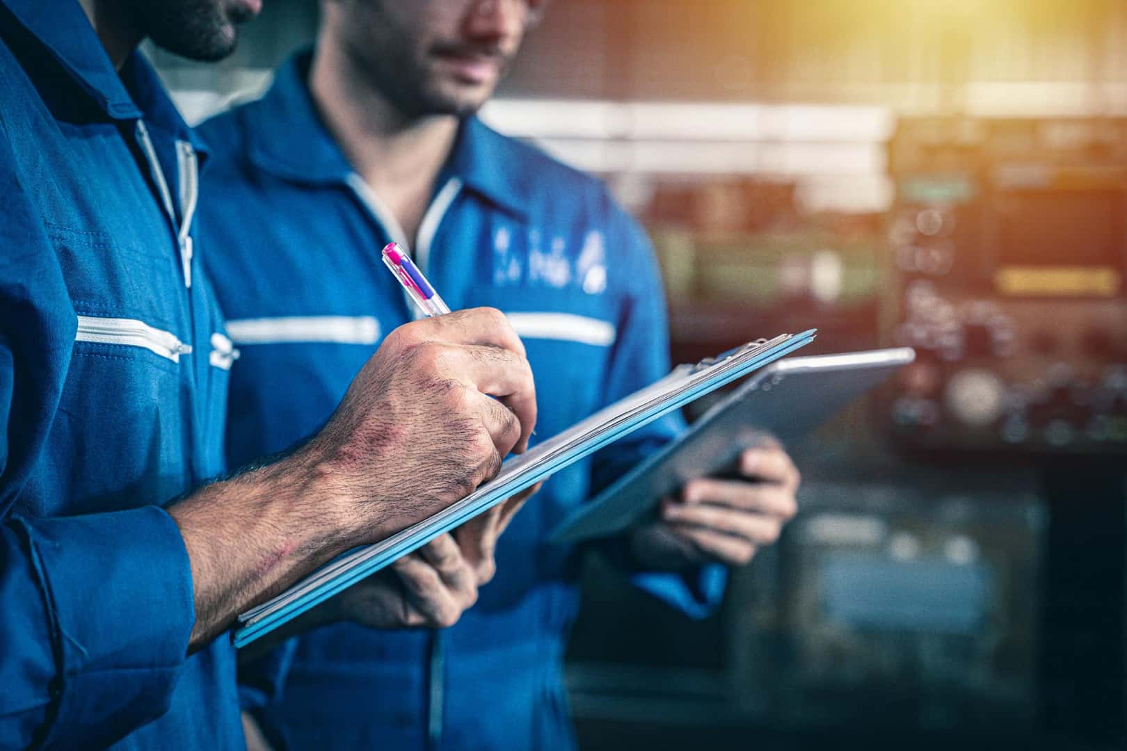 Two service technicians looking at routine maintenance clipboards