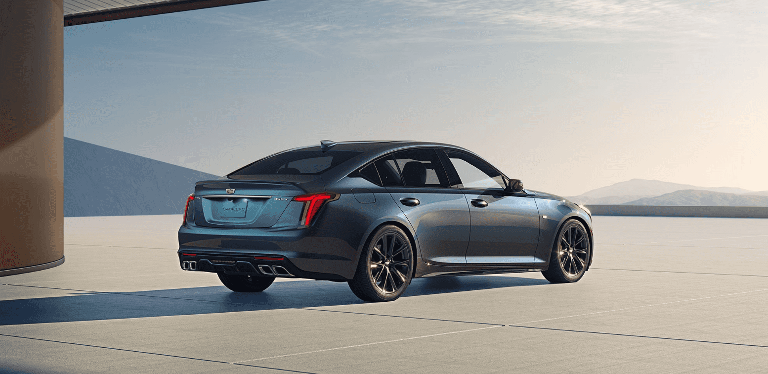 A rear view of a light Cadillac CT5
