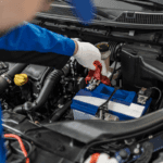 A mechanic performing maintenance on a vehicle's battery