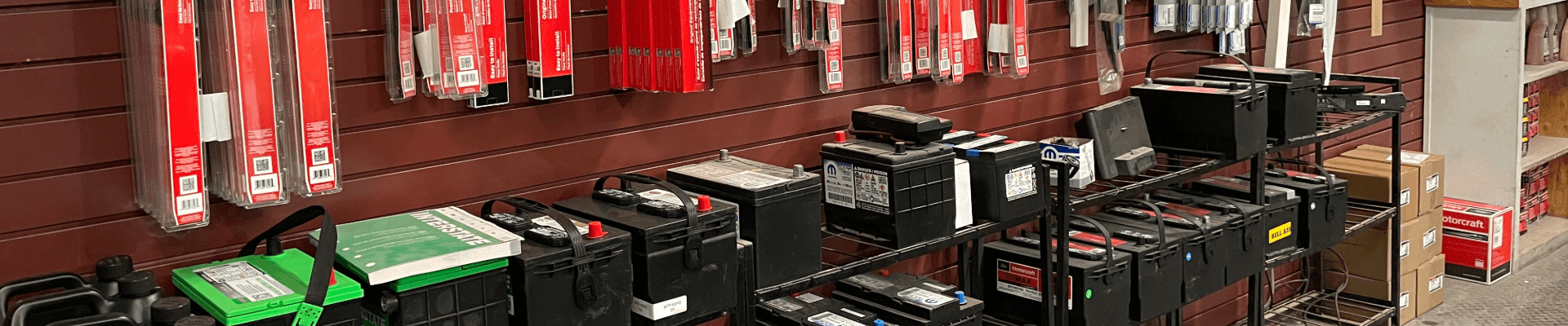 Wiper Blades and Batteries on Display Storage in Parts Department