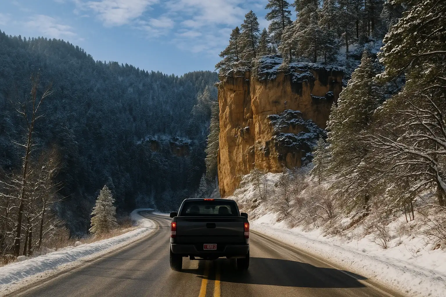 Truck driving on snowy road in Spearfish Canyon SD
