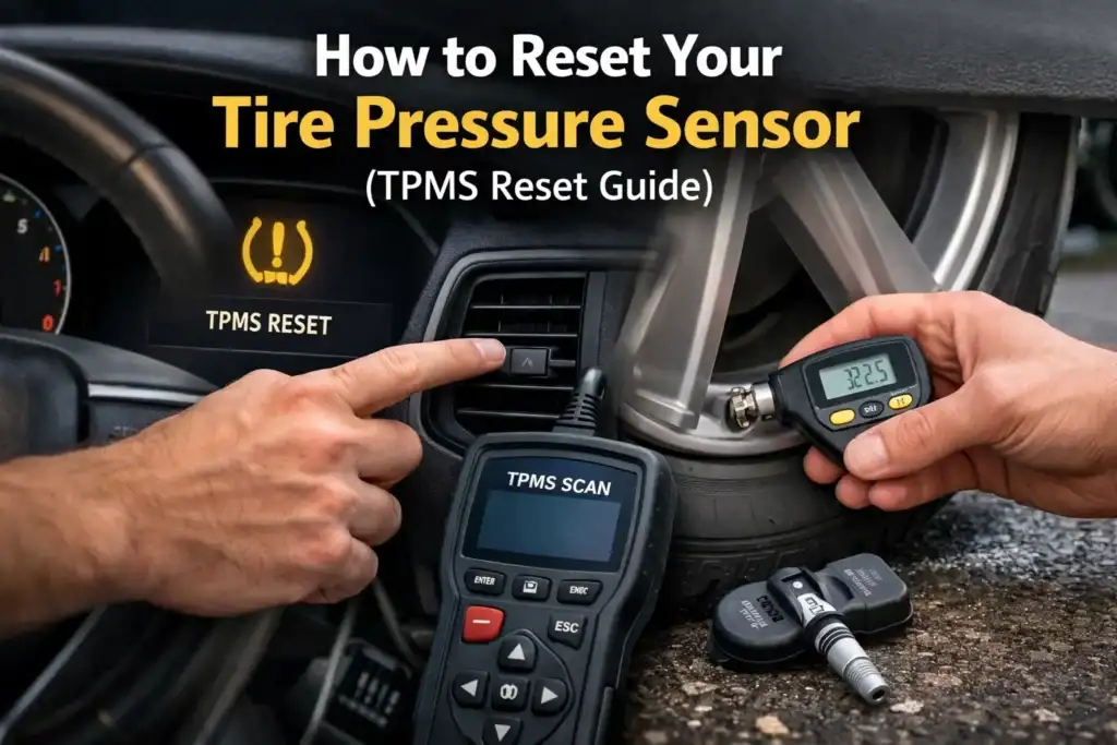 Technician using a TPMS reset tool and digital tire pressure gauge to recalibrate tire pressure sensors