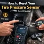 Technician using a TPMS reset tool and digital tire pressure gauge to recalibrate tire pressure sensors