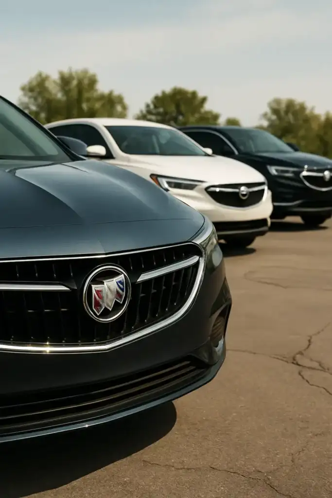 Close-up of the front grille and emblem of a dark gray Buick car, with two other Buick cars in white and black parked diagonally behind it on a sunlit lot.