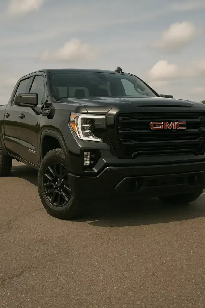 Front angle view of a black GMC Elevation pickup truck parked on an open lot under a partly cloudy sky, showcasing its bold grille, black wheels, and modern headlight design.