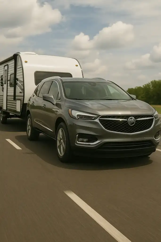 A gray Buick Enclave driving on a highway while towing a large white travel trailer, illustrating the vehicle’s towing capability on an open road under a partly cloudy sky.