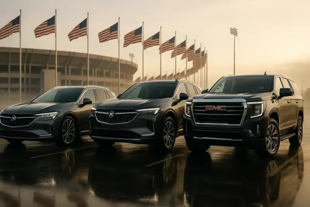 Three vehicles—two Buicks and one GMC SUV—are parked in front of a stadium with rows of American flags flying at sunrise. The misty atmosphere and symmetrical composition highlight a patriotic backdrop for showcasing premium American automotive brands.