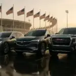 Three vehicles—two Buicks and one GMC SUV—are parked in front of a stadium with rows of American flags flying at sunrise. The misty atmosphere and symmetrical composition highlight a patriotic backdrop for showcasing premium American automotive brands.