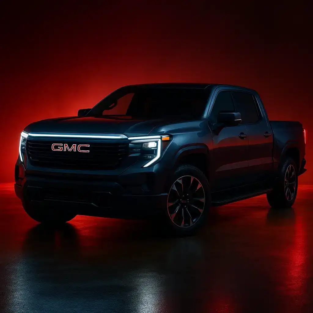 A dark GMC pickup truck is spotlighted against a vivid red background, with its LED lighting and bold grille emphasizing a modern, aggressive look. The dramatic studio setting draws attention to the vehicle’s muscular stance and refined styling.