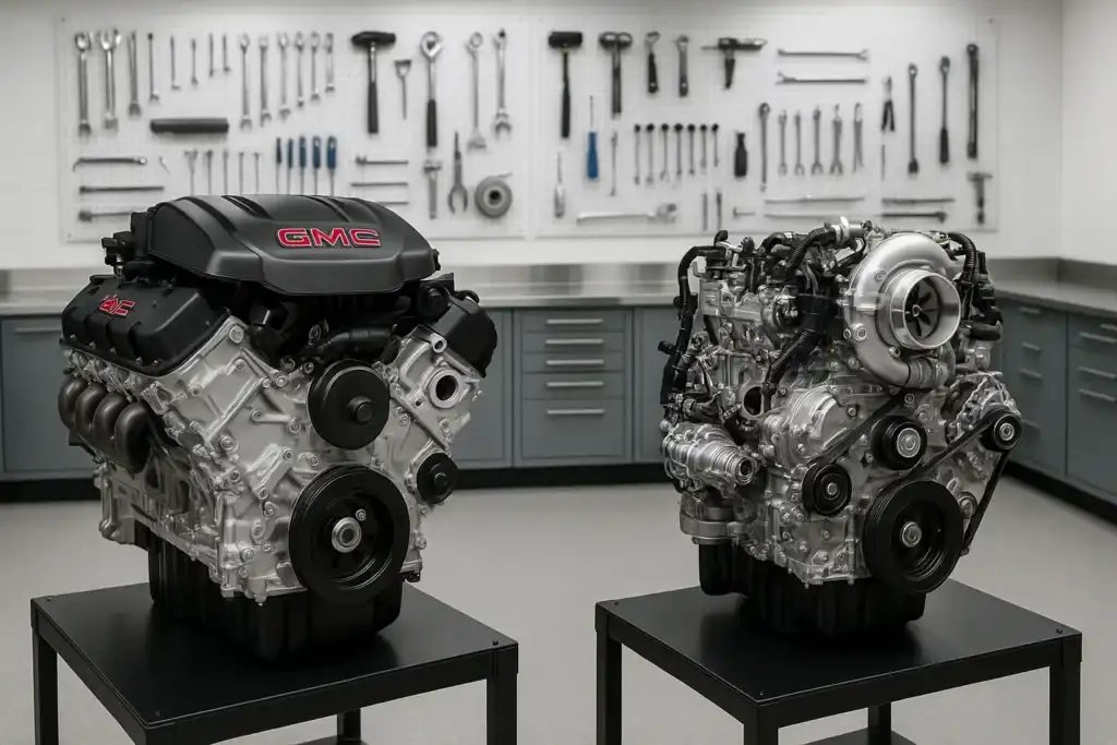 Two high-performance GMC engines are displayed on black stands in a clean, organized workshop, with a wall of tools neatly arranged in the background. The image showcases the engineering detail and mechanical power behind GMC performance vehicles.