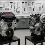 Two high-performance GMC engines are displayed on black stands in a clean, organized workshop, with a wall of tools neatly arranged in the background. The image showcases the engineering detail and mechanical power behind GMC performance vehicles.