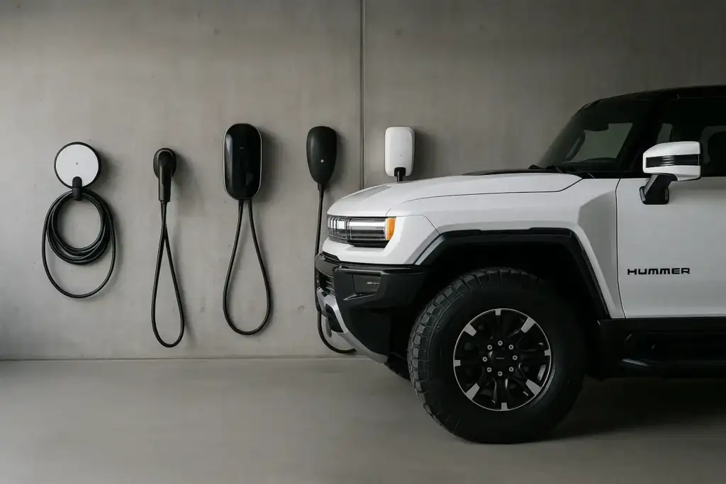 The front half of a white GMC Hummer EV is parked beside a concrete wall with four electric vehicle charging stations mounted in a row. The setup emphasizes the Hummer EV’s place in the evolving electric landscape and the availability of at-home charging solutions.