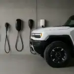 The front half of a white GMC Hummer EV is parked beside a concrete wall with four electric vehicle charging stations mounted in a row. The setup emphasizes the Hummer EV’s place in the evolving electric landscape and the availability of at-home charging solutions.