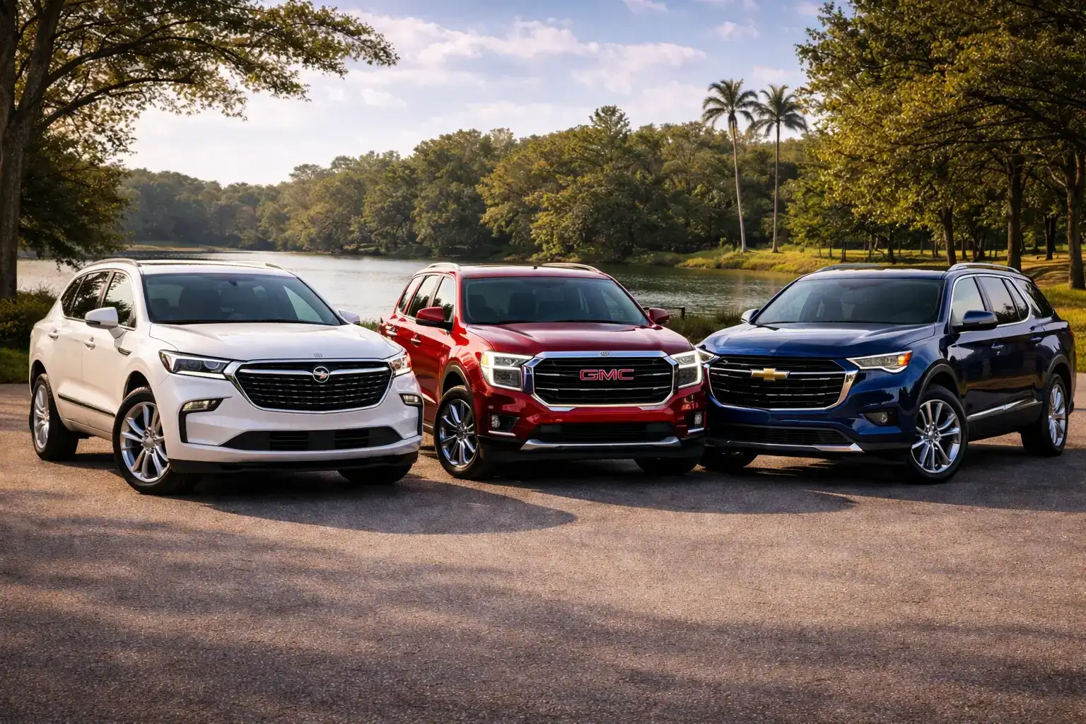 SUVs by the lakeside at sunset