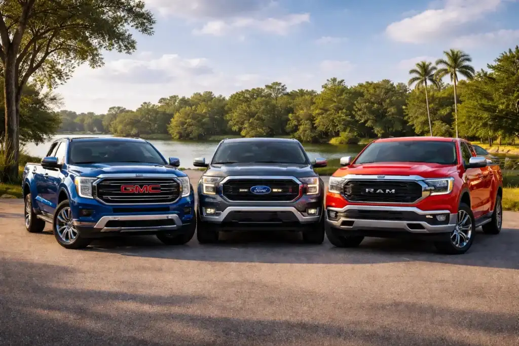 Trio of trucks by scenic lake