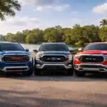 Trio of trucks by scenic lake