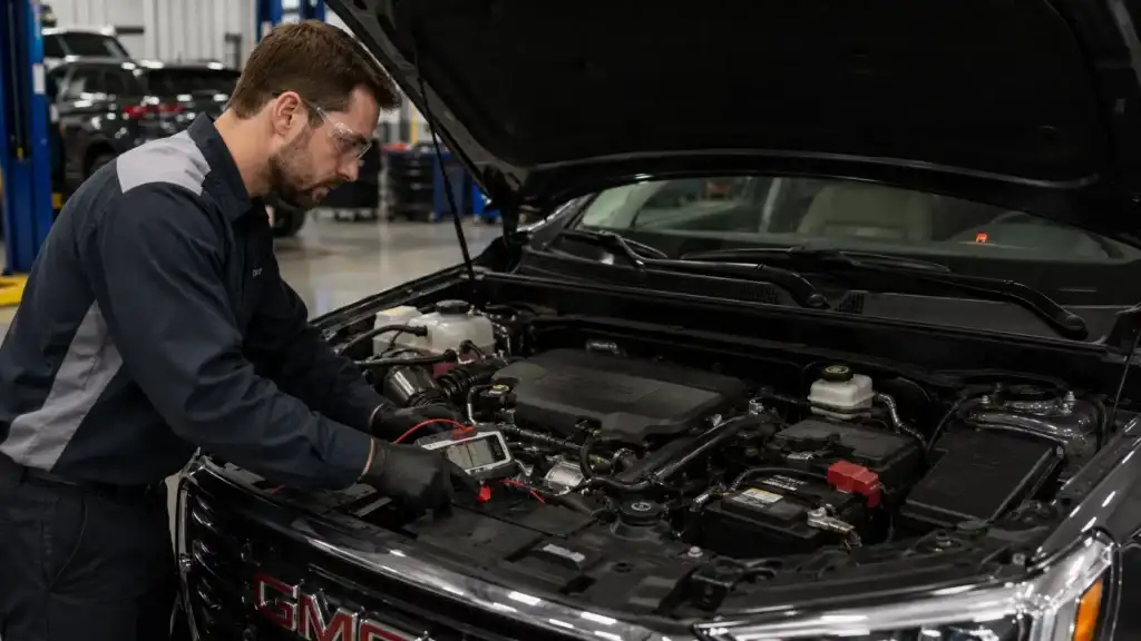 Mechanic diagnosing a GMC engine bay