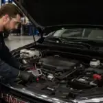 Mechanic diagnosing a GMC engine bay