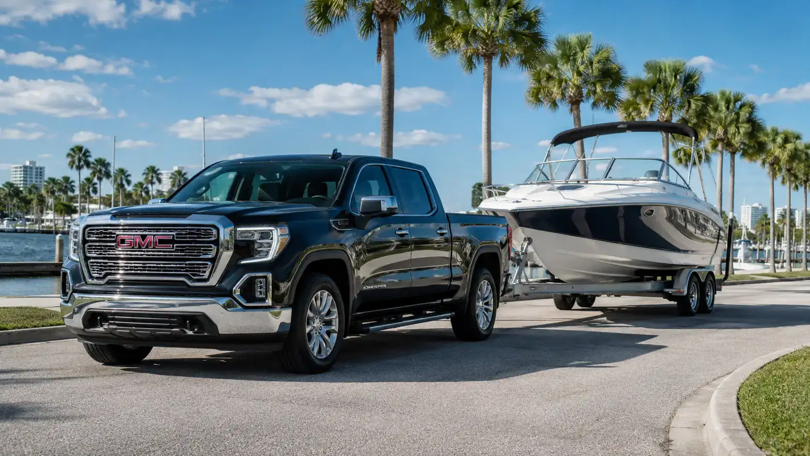Coastal drive with truck and boat