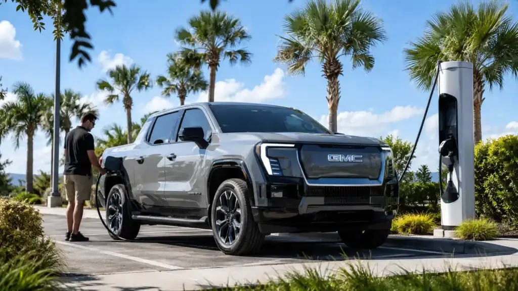 Electric truck charging in sunny paradise