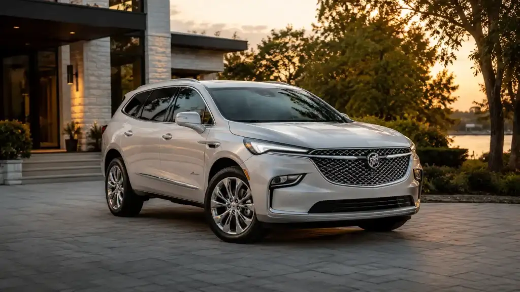 Modern SUV by sunset in luxurious setting