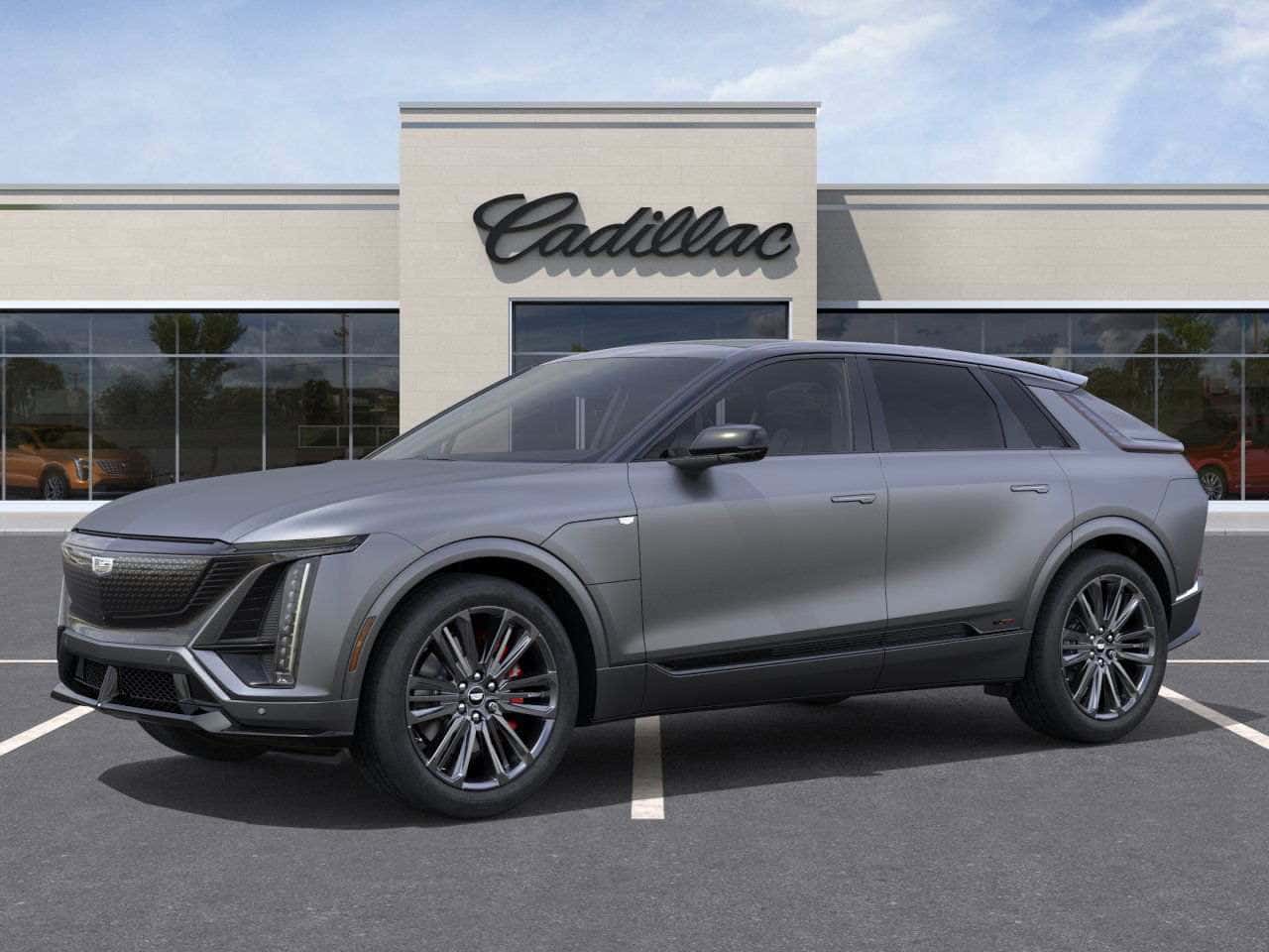 An aerial view of the 2026 Cadillac Escalade V series standing outside the showroom in St. George, UT