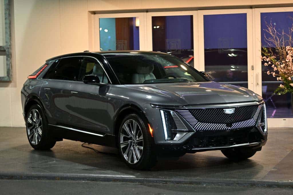 2026 Cadillac Lyriq‑V performance electric SUV parked outside Stephen Wade Cadillac dealership in St. George, UT