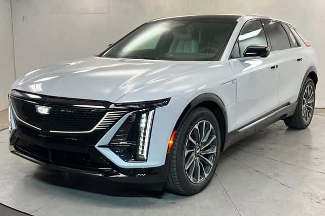 Silver Cadillac LYRIQ luxury electric SUV parked indoors, showcasing sleek styling and modern design in St. George, UT