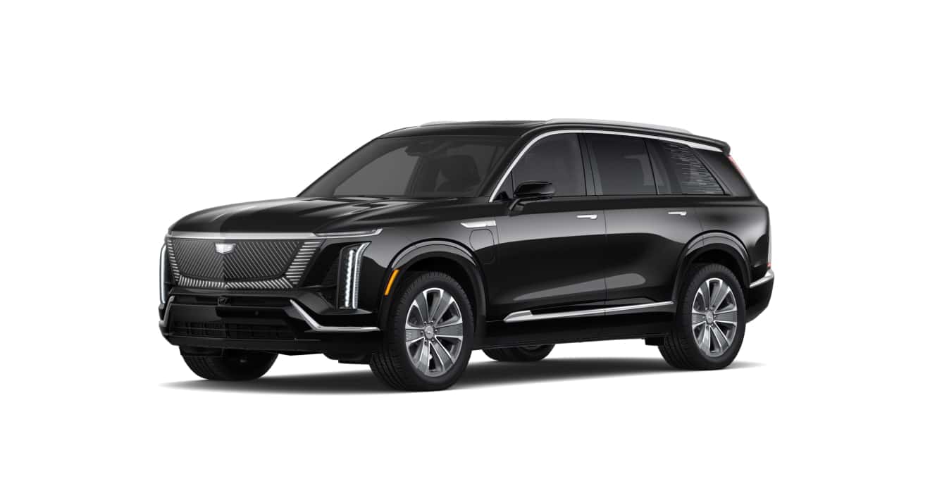 Black 2027 Cadillac VISTIQ electric SUV shown in a studio setting, highlighting luxury styling and comfort in St. George, UT.