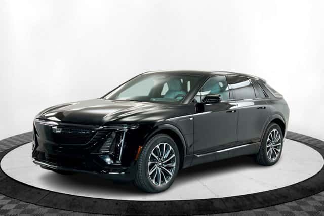 Black 2026 Cadillac LYRIQ electric SUV displayed in a showroom, highlighting modern styling in St. George, UT