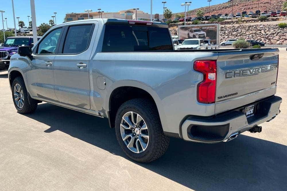 A backview of a new 2026 Chevy Silverado 1500 standing outside the showroom in St. George, UT