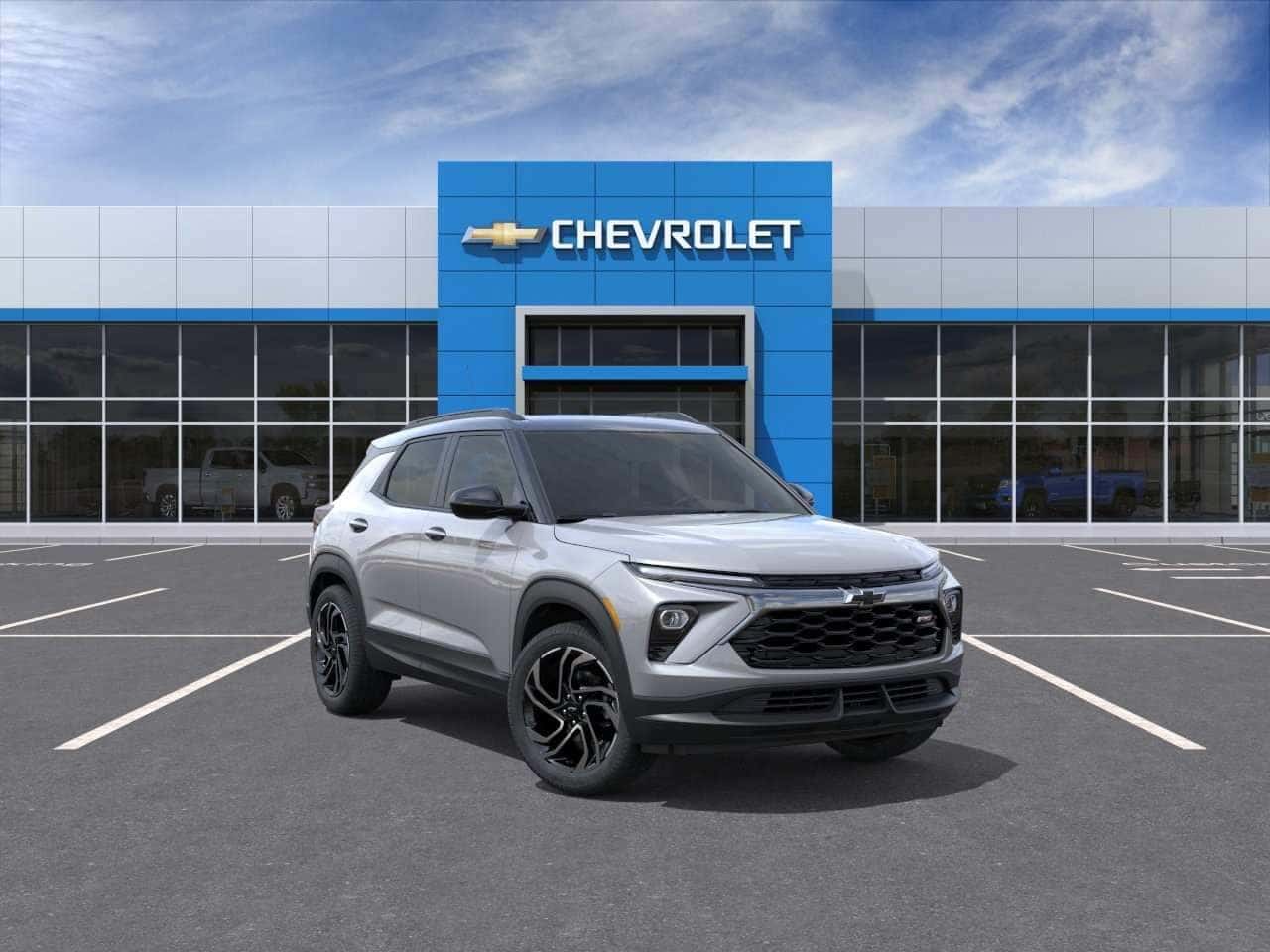 Front three-quarter view of a 2026 Chevy Trailblazer parked outside a Chevrolet dealership in St. George, UT