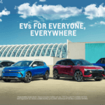 Chevy EV lineup in a car lot with blue skies in the background