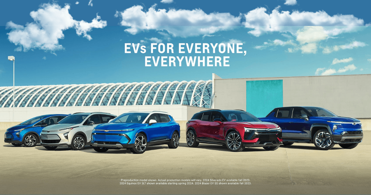 Chevy EV lineup in a car lot with blue skies in the background
