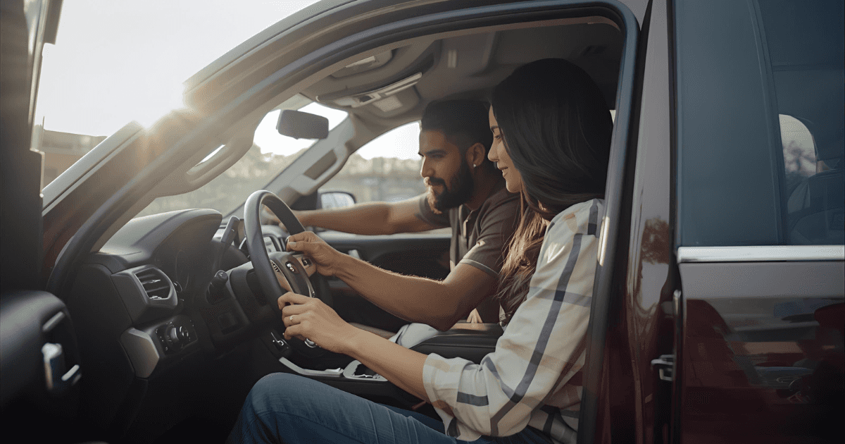 A couple sitting in an suv with the door open