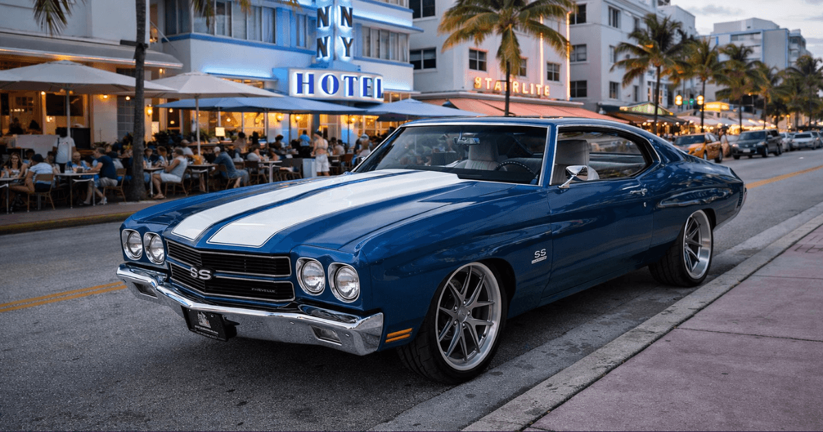 A 1970 Chevelle SS parked on Ocean Drive in South Beach Miami