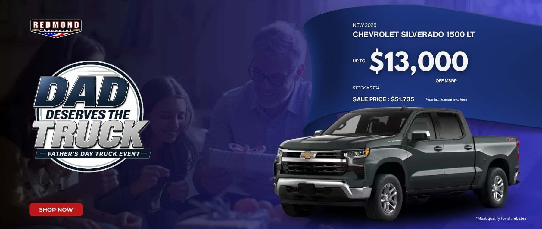Father's Day event background featuring the new 2026 Chevy Silverado 1500 LT