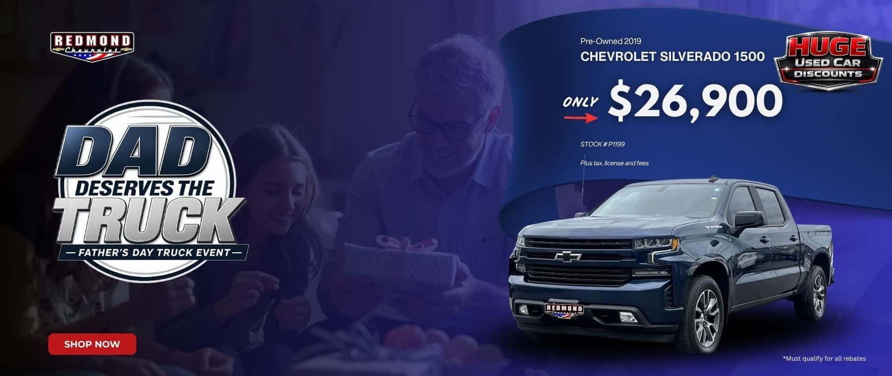 Father's Day event background featuring the Pre-owned 2019 Chevy Silverado 1500