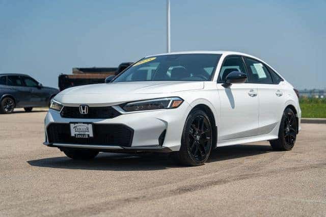 Certified Pre-Owned 2025 Honda Civic Hybrid Sport exterior view in white at Zeigler Honda of Racine